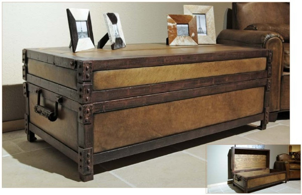 Antik Stil Echtleder Truhe Braun L120 x B60 x H47 cm - Echt Leder Vintage Look